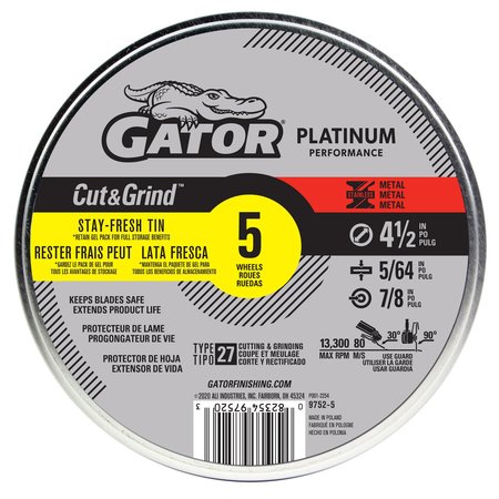Gator Finishing Platinum Performance Cut&Grind Type 27 Metal Cut-Off Wheels, 4.5" x 5/64" x 7/8" 97525